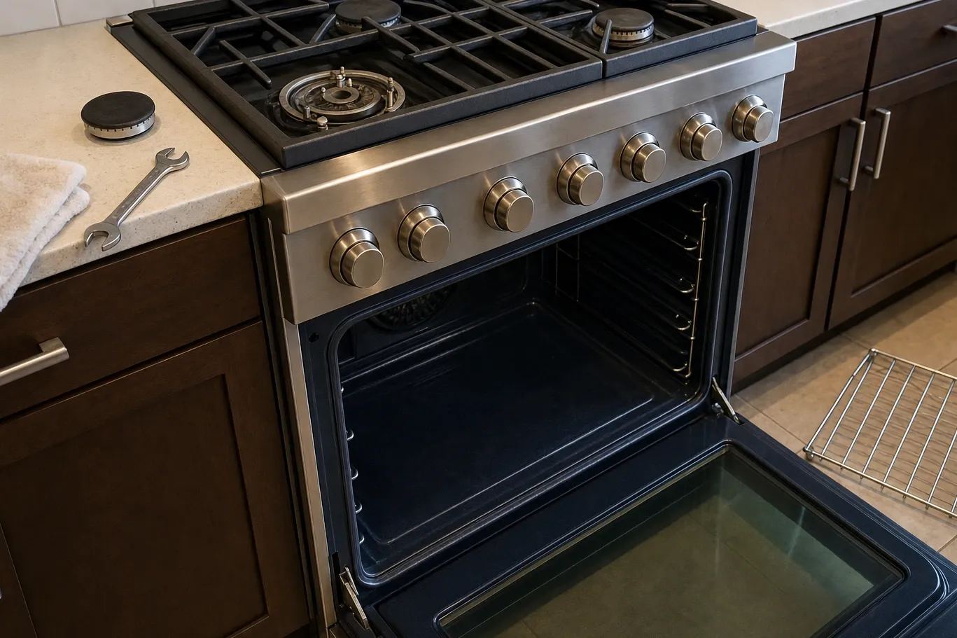 Stainless slide-in gas range with the oven door open and one burner cap lifted onto the counter beside a wrench