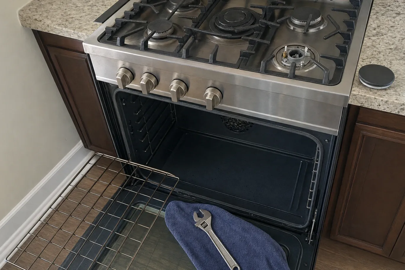 Front burner of a gas cooktop opened up, cap and ring removed and the burner head exposed, wrench on a towel