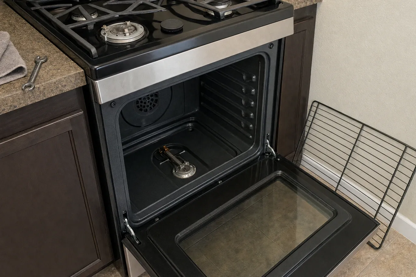 Oven door open on a gas range with the bake burner tube and its igniter visible on the cavity floor