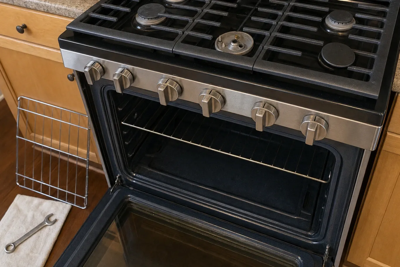 Centre burner taken down to its bare base on a gas cooktop, brass orifice and gas port in plain view
