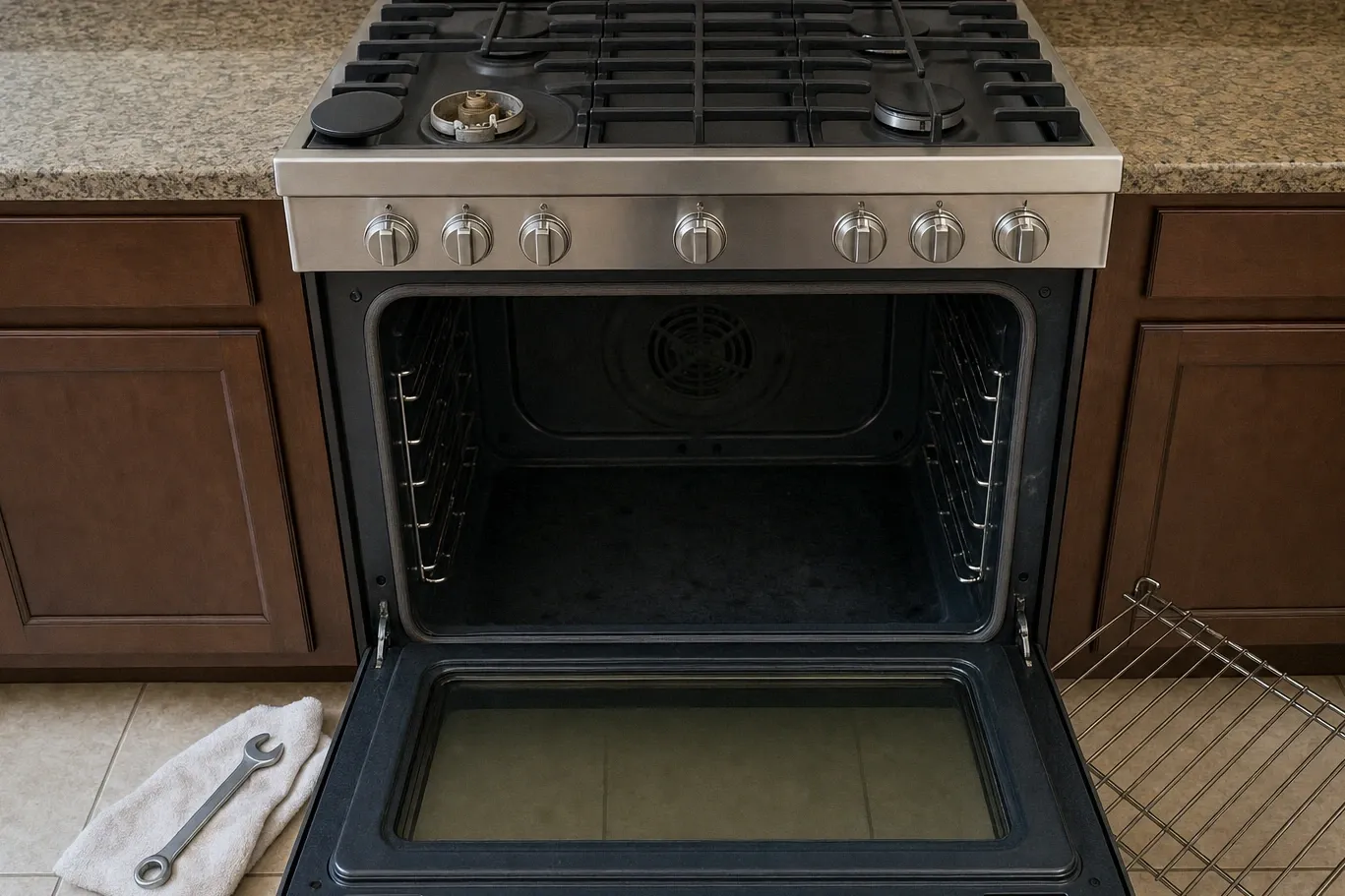 Head-on pro-style gas range with seven knobs, empty oven cavity and a burner orifice exposed at the left